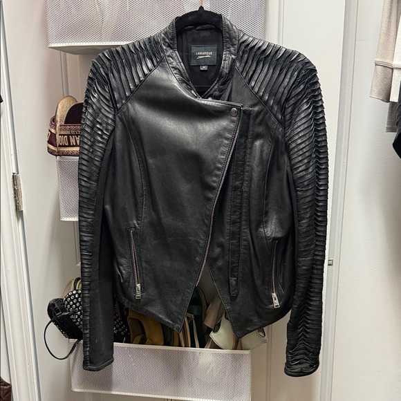 Lamarque Black Leather Jacket with Ribbed Detail - Picture 1 of 2